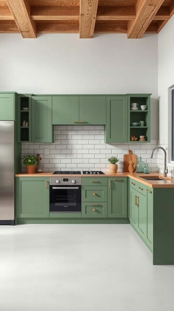 A modern kitchen featuring green cabinets, wooden countertops, and white subway tiles.