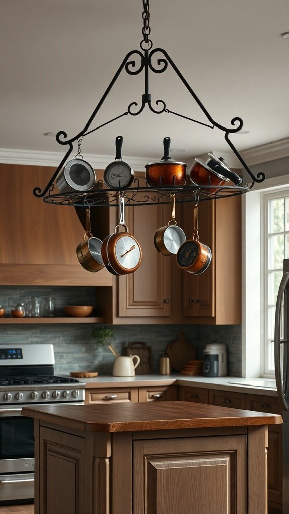 A stylish black metal pot rack hanging from the ceiling with various pots and pans in a warm-toned kitchen.