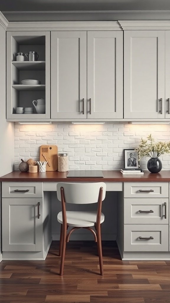 A modern kitchen with a built-in desk area featuring gray cabinets and a wooden countertop.