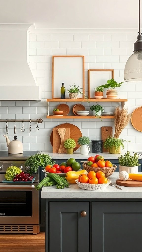A stylish kitchen countertop display with fresh fruits, vegetables, and decorative items.