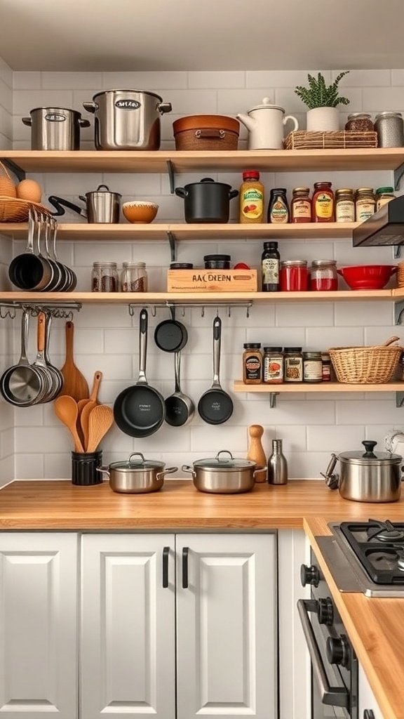 A small kitchen with open shelving displaying pots, pans, and jars, maximizing vertical space.