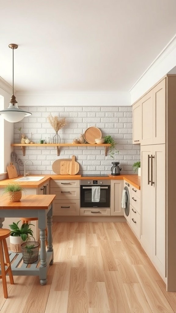 A cozy kitchen featuring warm beige cabinets with wooden countertops and a light wooden floor.