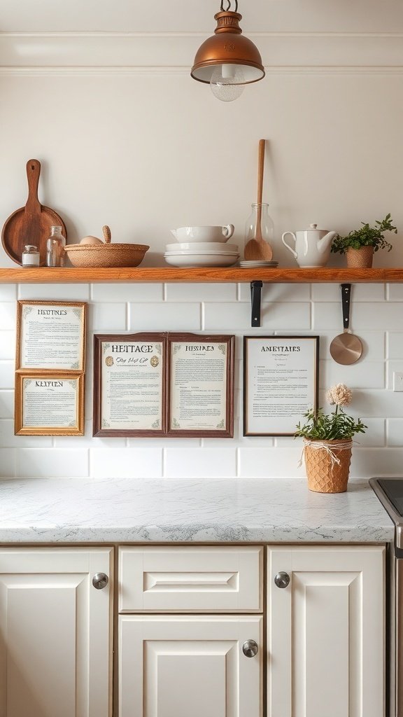 A kitchen shelf displaying framed heritage recipes, kitchenware, and a small plant.