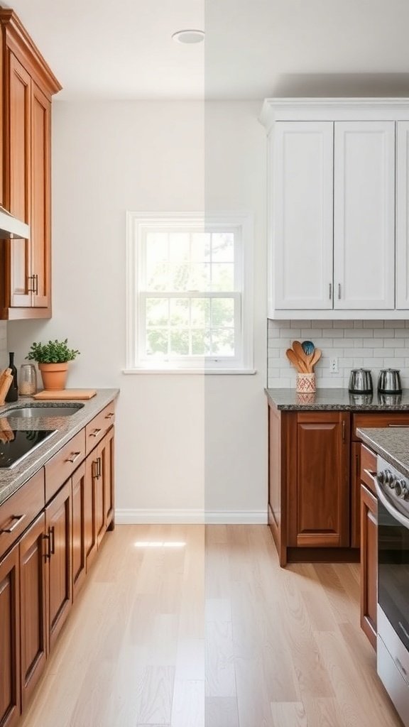 A kitchen showcasing stained wood cabinets on the left and painted white cabinets on the right, highlighting the contrast between the two styles.