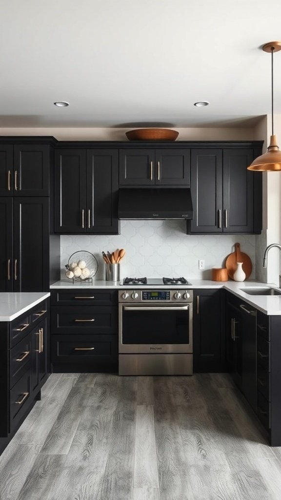A modern kitchen featuring dark cabinets, white countertops, and copper accents.