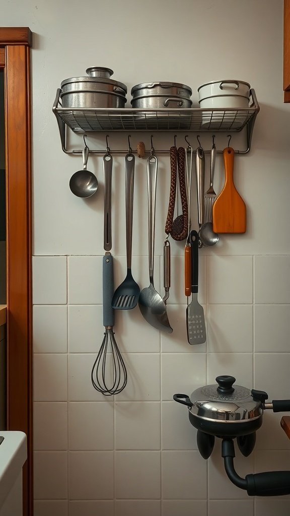 A wall-mounted rack displaying various kitchen utensils and pots.
