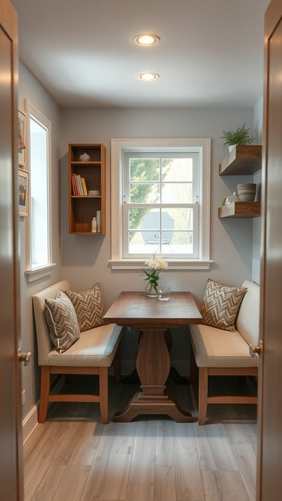 Cozy dining nook with a wooden table and cushioned benches.