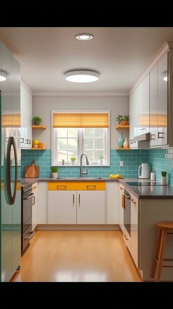 A mid-century modern kitchen featuring turquoise tiles, yellow accents, and white cabinetry.