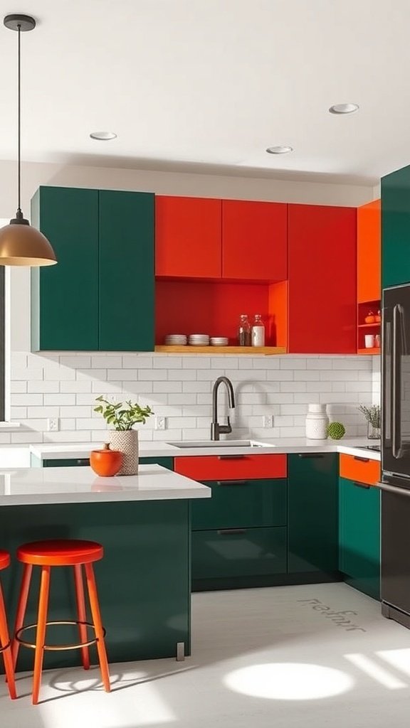 A modern kitchen featuring two-tone cabinets in green and red, with orange stools and a bright, airy feel.