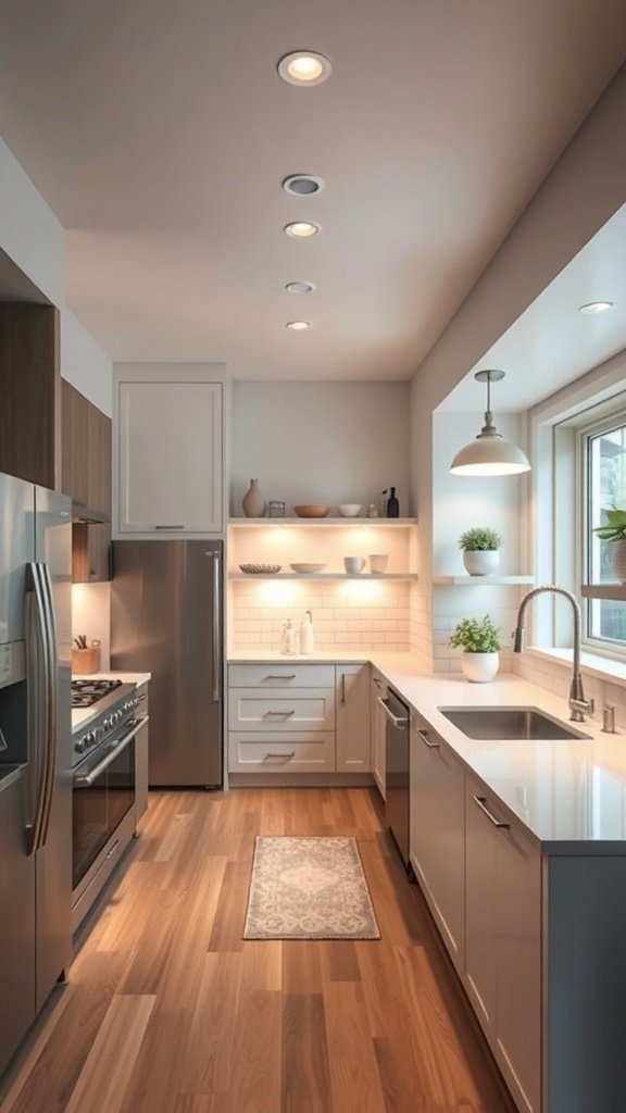 Modern kitchen with recessed lighting and a pendant light over the sink