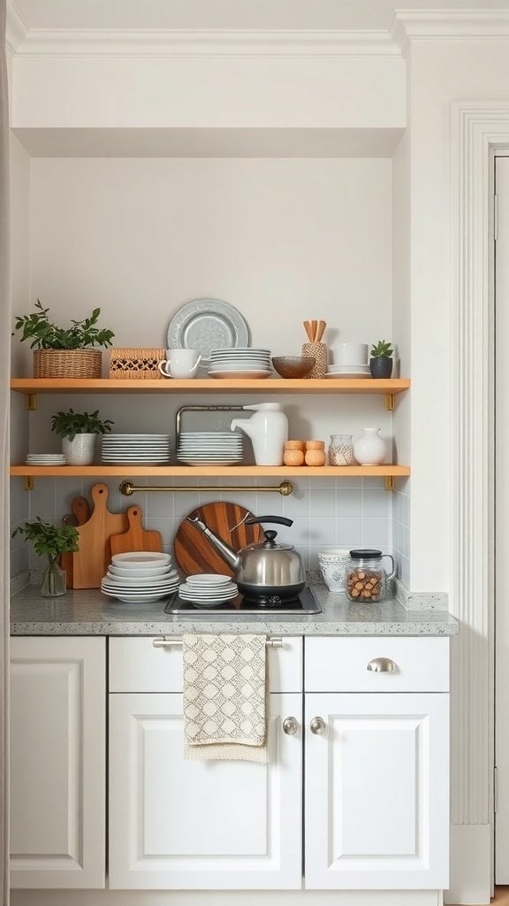 Chic tableware display on open shelves in a small kitchen, featuring plates, bowls, and decorative items.
