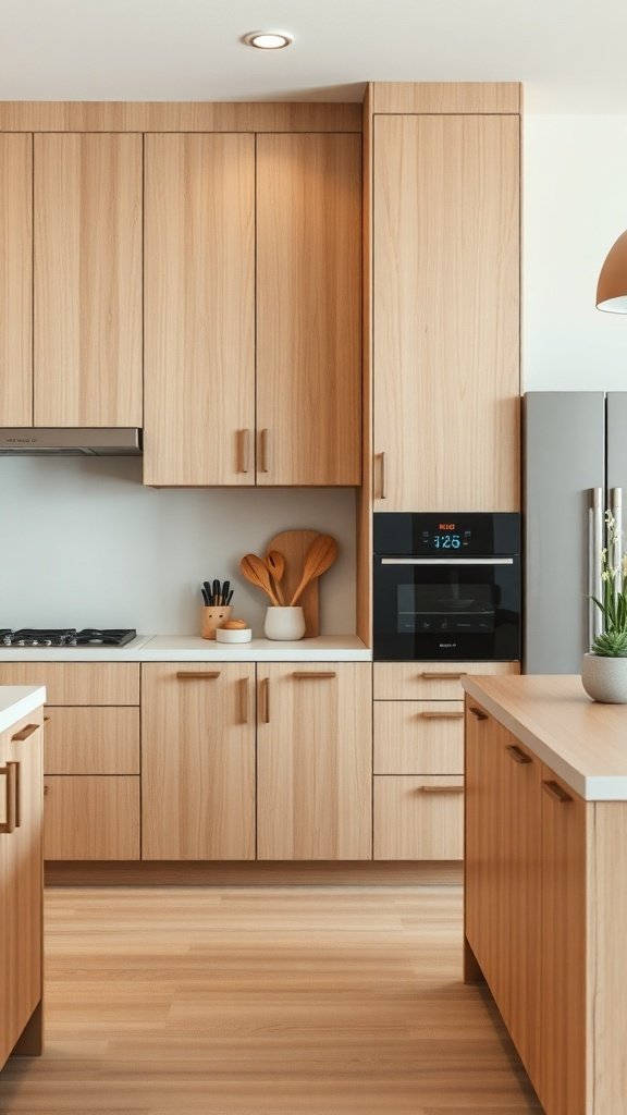 Modern kitchen featuring white oak cabinets and smart technology appliances