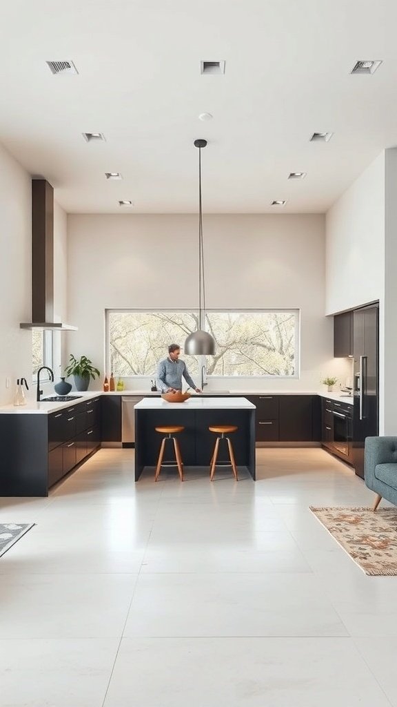 Modern kitchen with black cabinets and an island, showcasing stylish design for open concept homes.