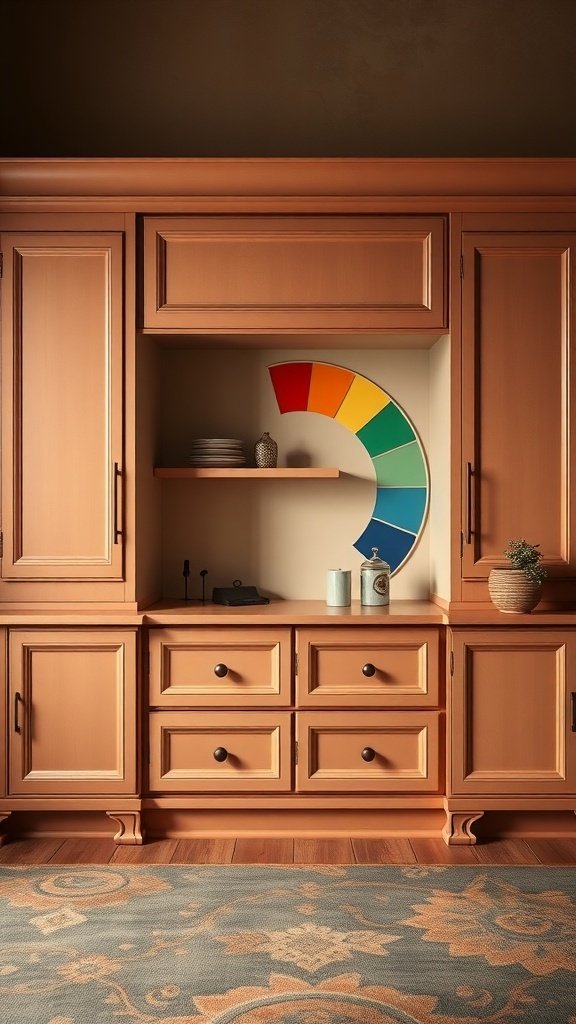 A kitchen featuring two-tone cabinets in warm earthy tones with a color wheel displayed.