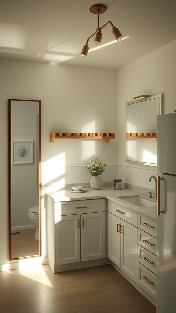 A simple kitchen design featuring a mirror that enhances light.