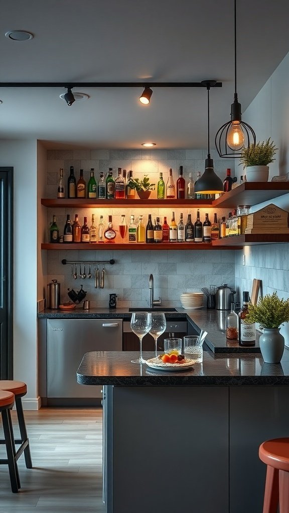 A modern kitchen bar area with shelves of colorful bottles, stylish lighting, and sleek countertops.