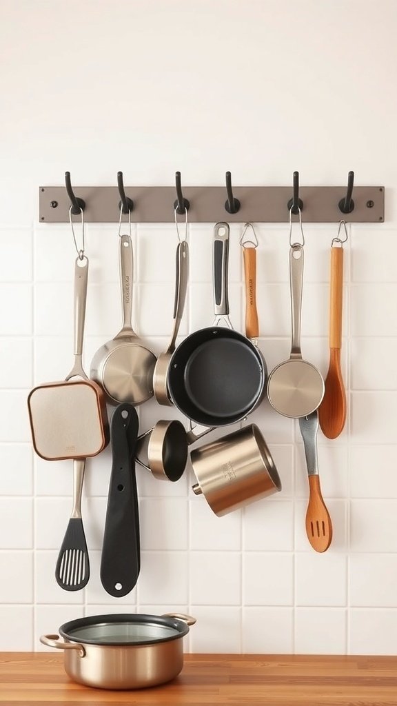A wall-mounted hook system displaying various kitchen utensils and pots.