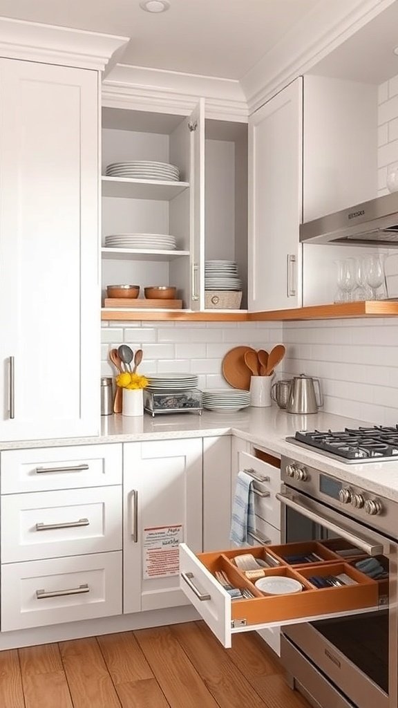 A modern kitchen featuring smart storage solutions with open shelves and organized drawers.