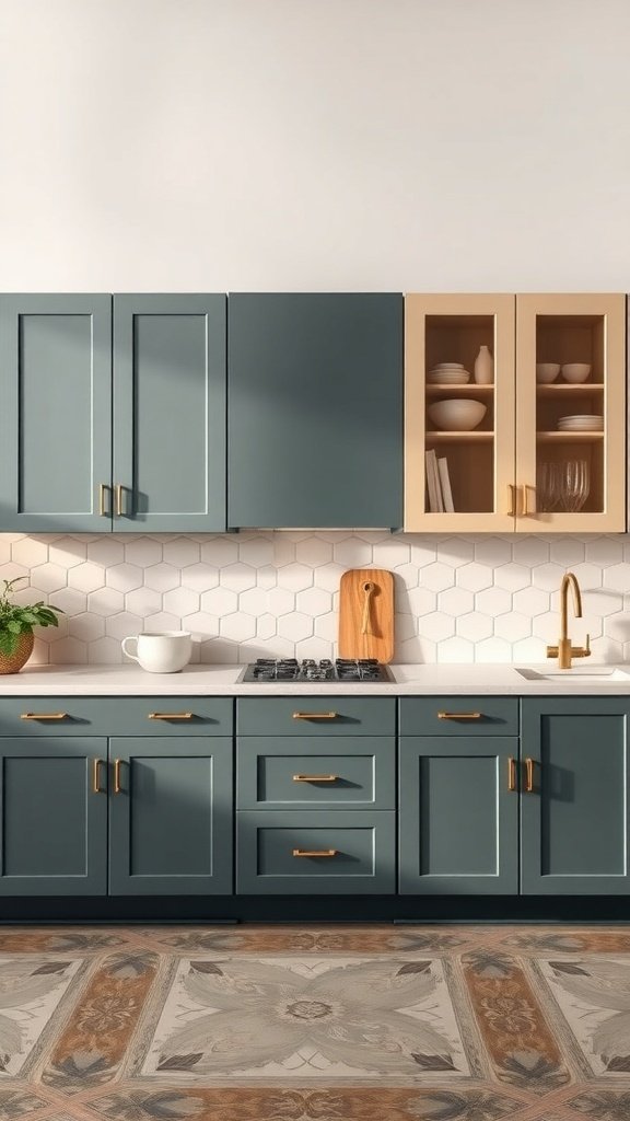 A modern kitchen with blue lower cabinets and light wood upper cabinets, featuring gold hardware and a hexagonal backsplash.