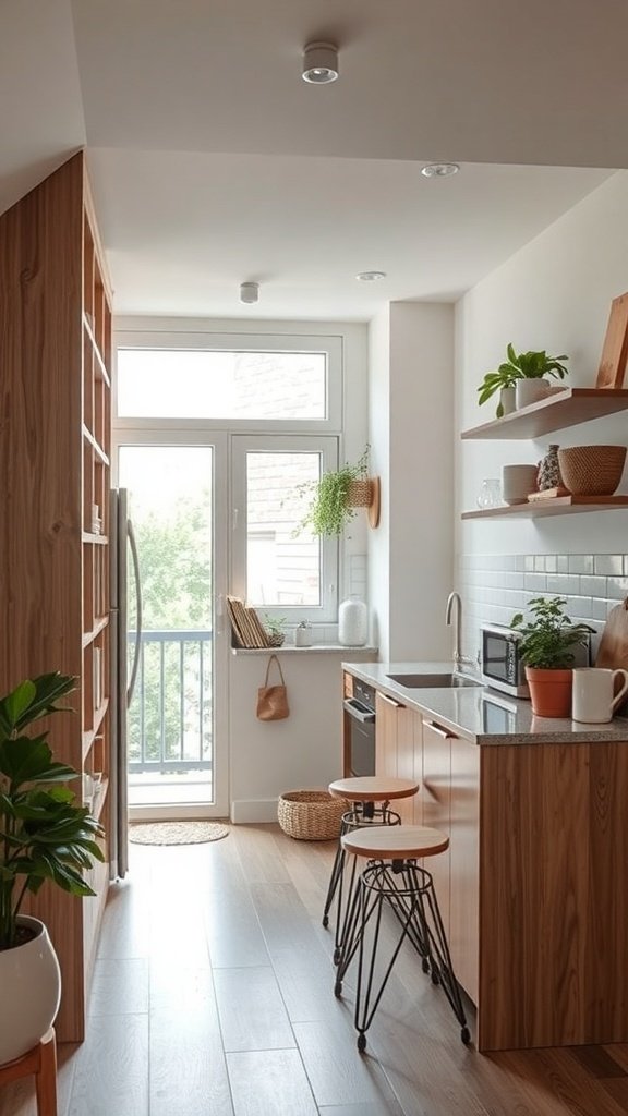 A small open kitchen with wooden cabinetry, a window, and plants.