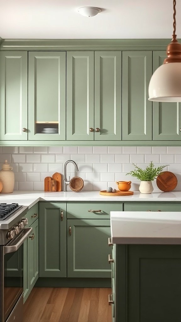 A kitchen featuring sage green cabinets, white subway tiles, and warm wood flooring.