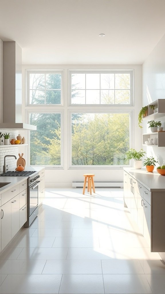 A modern kitchen with large windows allowing natural light to flood the space, featuring light-colored cabinets and a simple wooden stool.