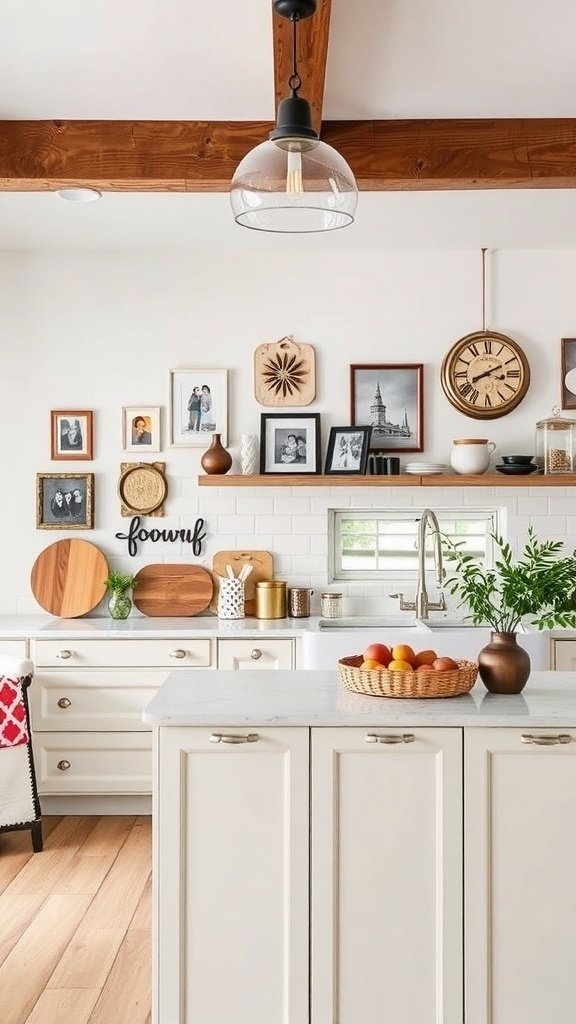 A cozy open kitchen featuring wall art, a fruit basket, and warm wood accents.