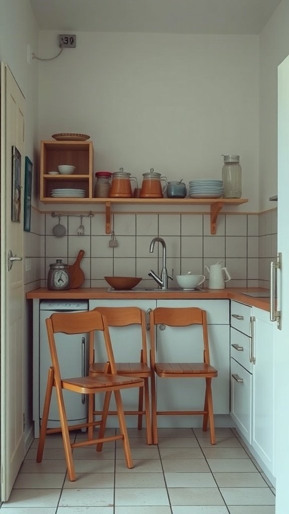 A small kitchen featuring a simple design with folding chairs neatly arranged.