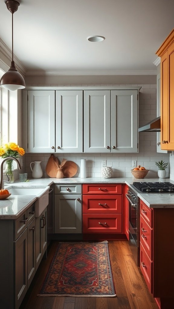 A kitchen featuring gray and red painted cabinets with a cozy atmosphere.