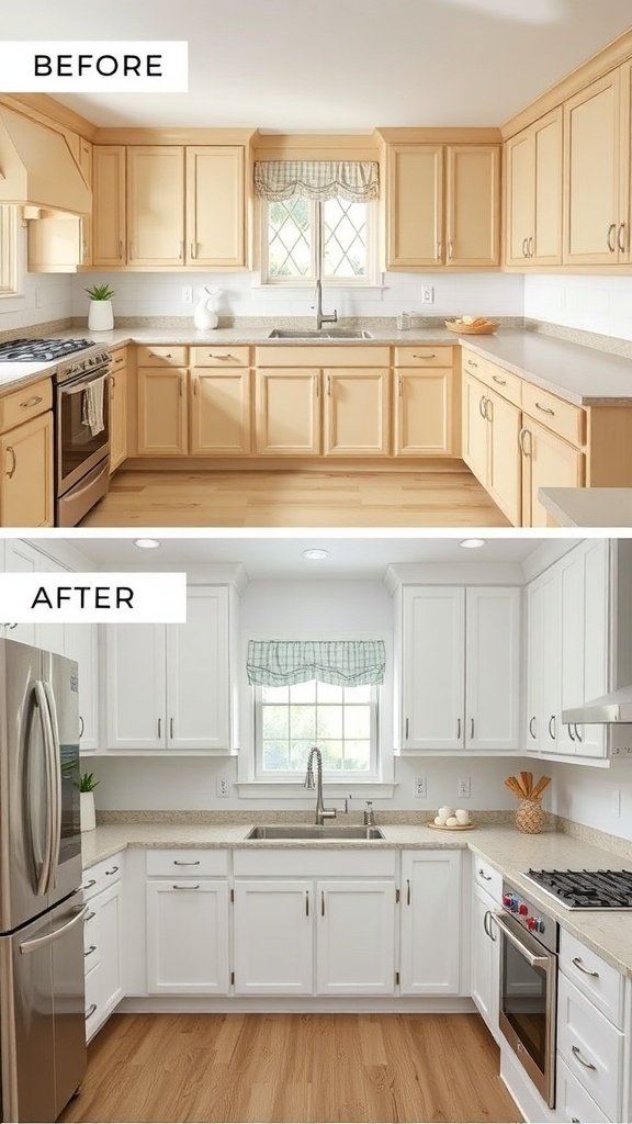 Before and after kitchen renovation showing a transformation from wood cabinets to white cabinets