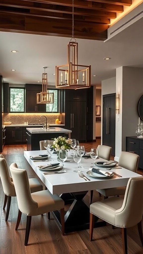 A modern kitchen with a dining area featuring a white table, elegant chairs, and stylish lighting.