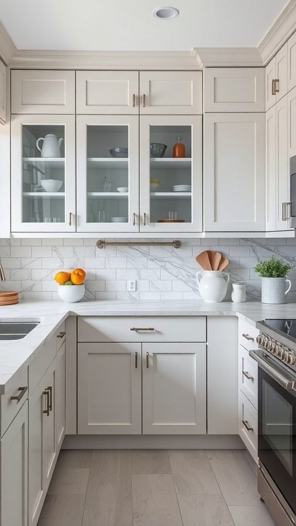 A modern kitchen with light-colored cabinets and elegant countertops, featuring decorative items and fruits.