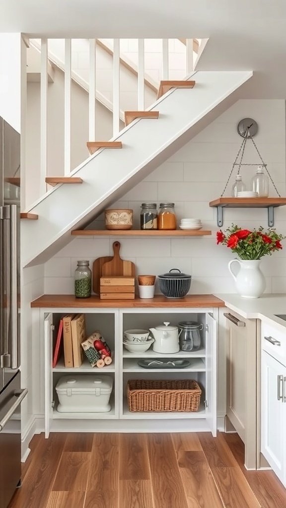 A modern farmhouse kitchen with creative storage under the stairs, featuring open shelves and a cabinet.