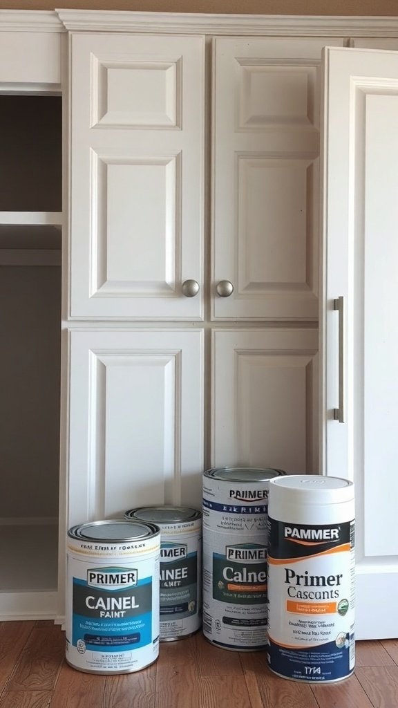 Various primer cans next to white kitchen cabinet doors