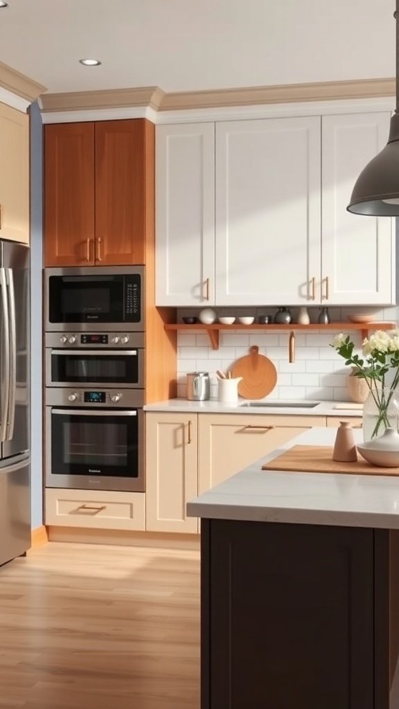 A kitchen featuring two-tone cabinets with white upper cabinets and warm wood lower cabinets.