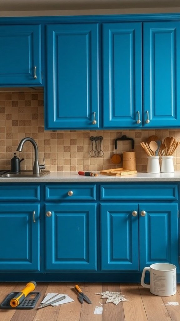 A bright blue kitchen cabinet with tools and paint supplies scattered around, showcasing a DIY project.
