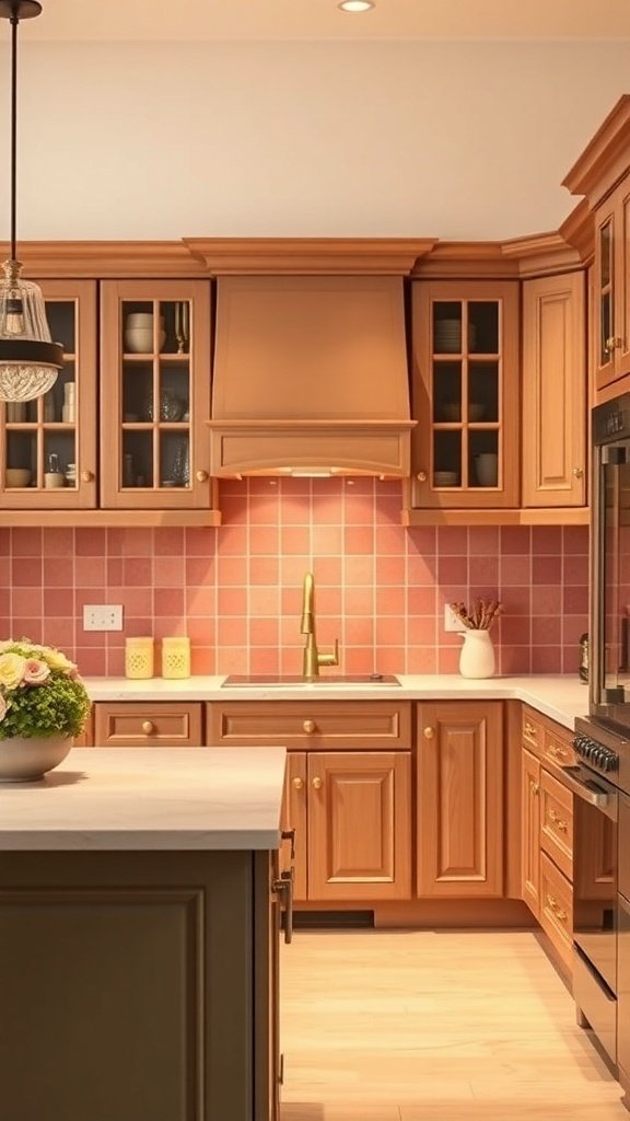 A kitchen with painted cabinets, light countertops, and a pink tiled backsplash.