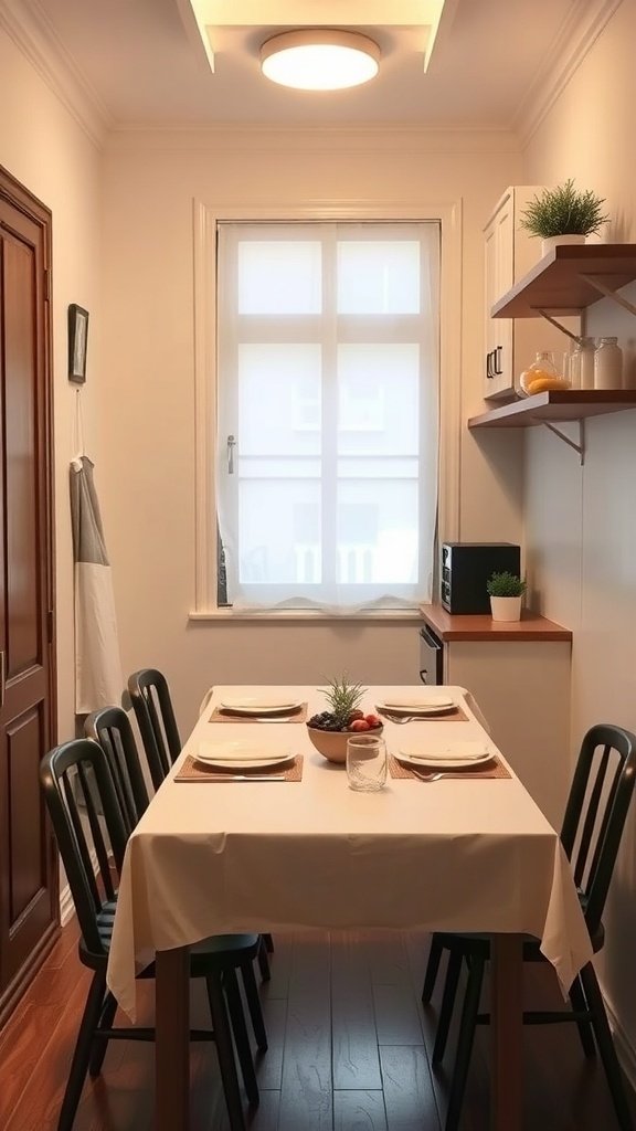 A narrow dining area in a small kitchen featuring a table set for four, with a window and decorative plants.