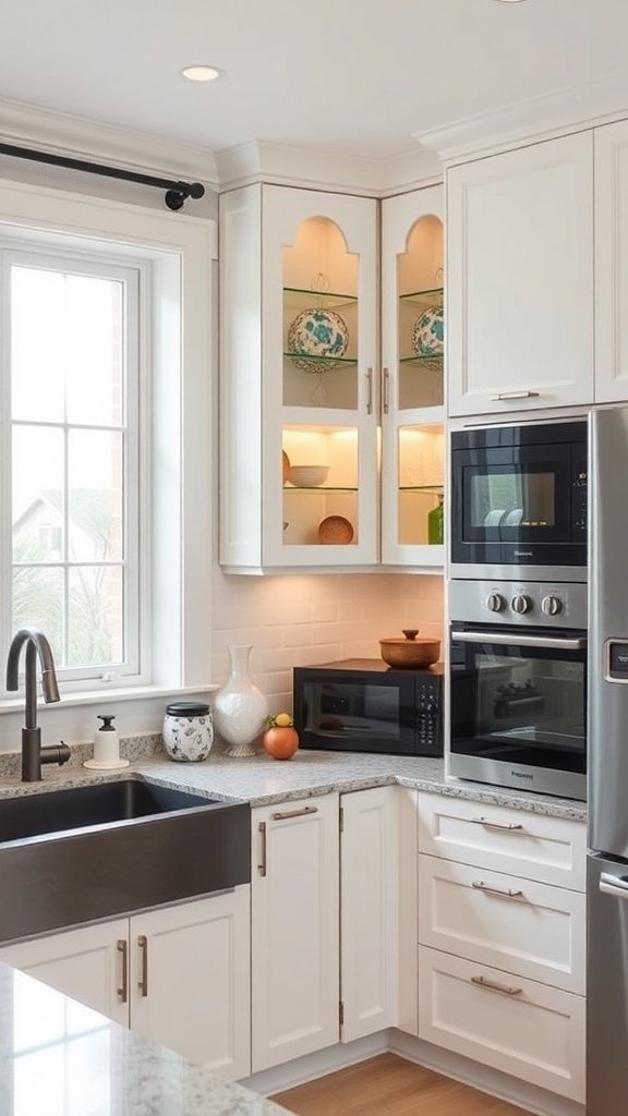 A modern kitchen featuring corner cabinets with glass shelves and stylish dishware.