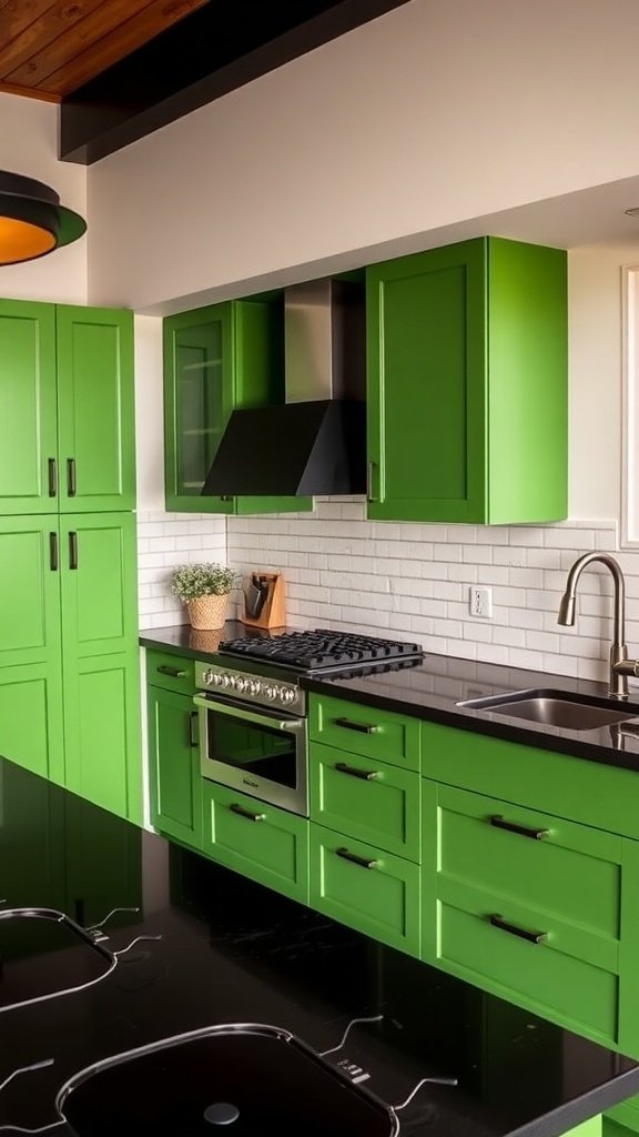 A modern kitchen featuring vibrant green cabinets and dark countertops.