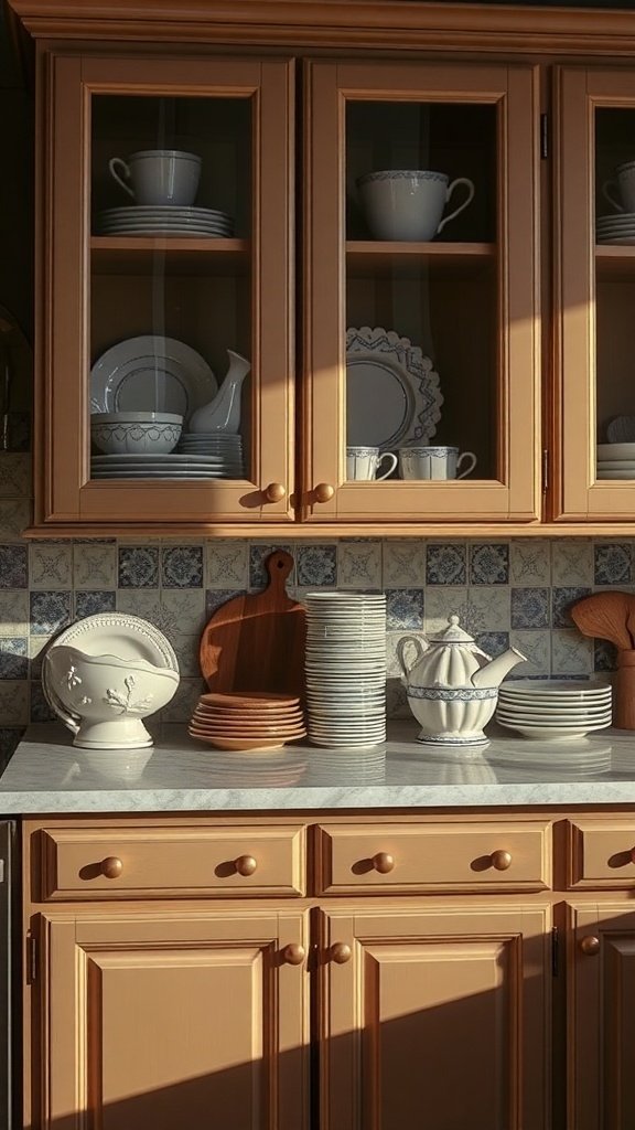 A kitchen with glass door cabinets displaying neatly arranged plates and cups.