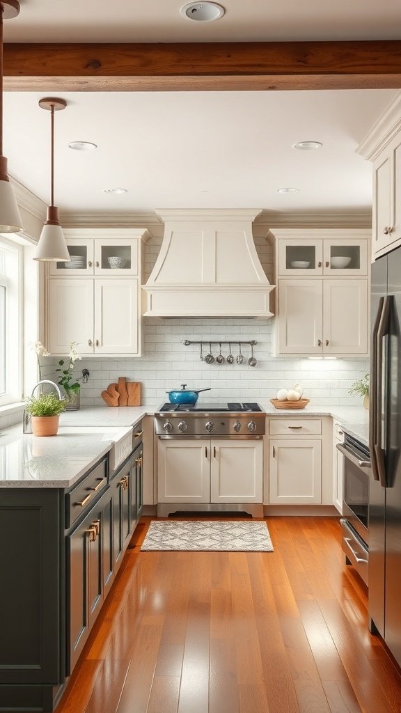 A kitchen featuring two-tone cabinets with light upper cabinets and dark lower cabinets, showcasing a modern transitional design.