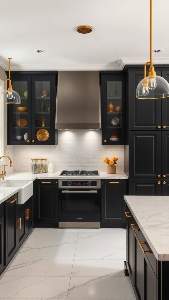 A modern kitchen featuring black cabinets, gold accents, and white marble countertops.