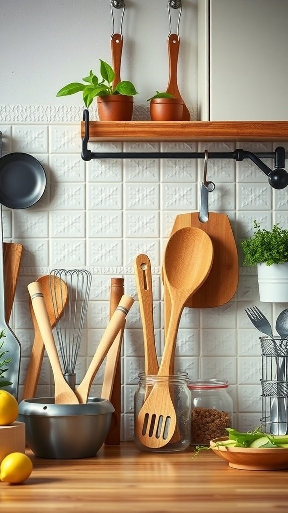 A green kitchen with wooden utensils, plants, and a tidy countertop.