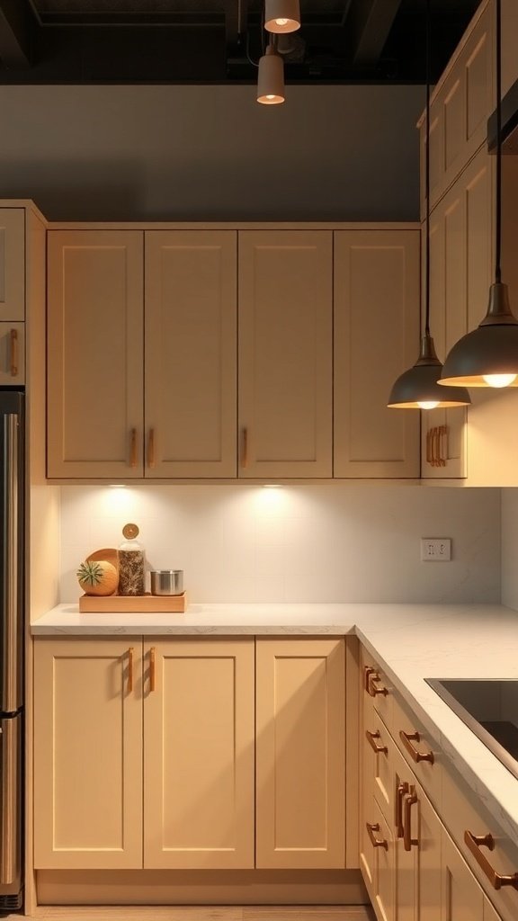 A beige kitchen featuring modern cabinetry, brass fixtures, and stylish lighting.