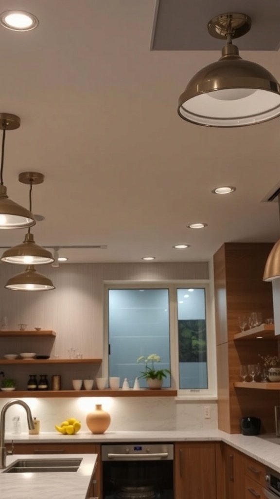 A modern open kitchen featuring pendant lights and recessed lighting, with a window allowing natural light.