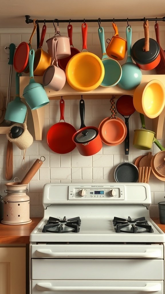 Colorful cookware hanging in a rustic farmhouse kitchen