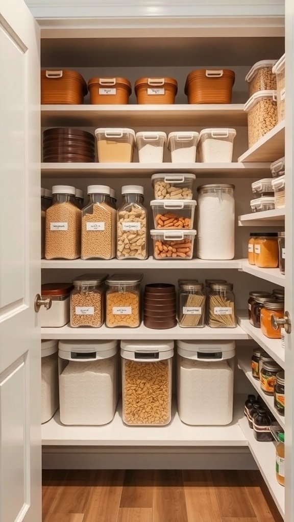 A well-organized pantry with clear containers and labeled jars on wooden shelves.