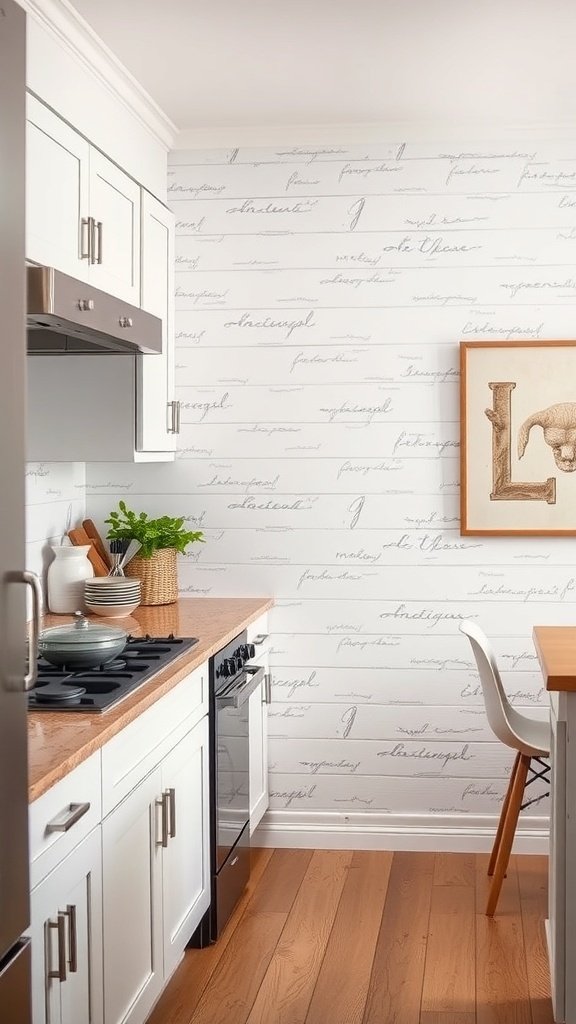 A kitchen featuring textured wallpaper with handwritten text, white cabinetry, and a warm wood countertop.