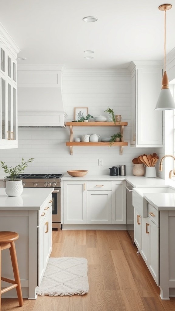 A modern farmhouse kitchen featuring neutral colors, white cabinetry, light wood flooring, and open shelving.